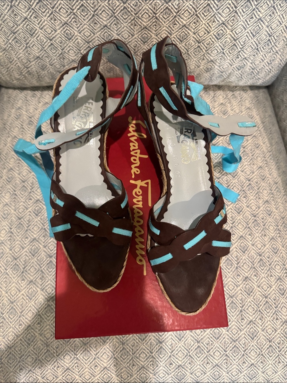 Salvatore Ferragamo Brown Suede Espadrille Sandals with Turquoise Ribbon